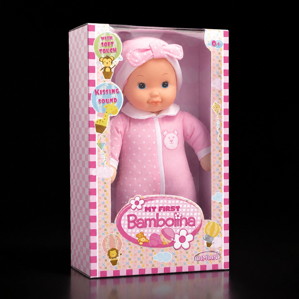 My First Bambolina baby doll in pink outfit with bow headband in packaging, soft touch and kissing sound.