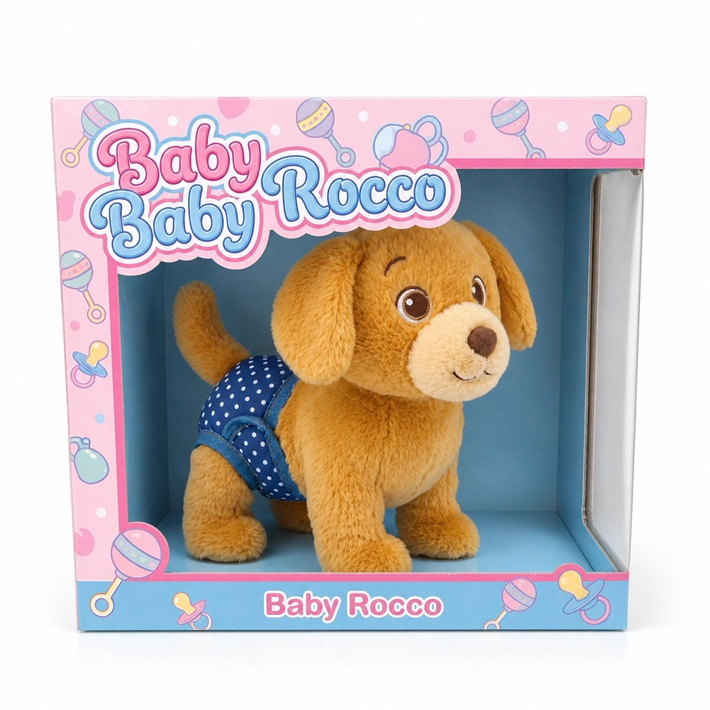Stuffed puppy in blue polka dot diaper inside a pink and blue Baby Rocco toy box.