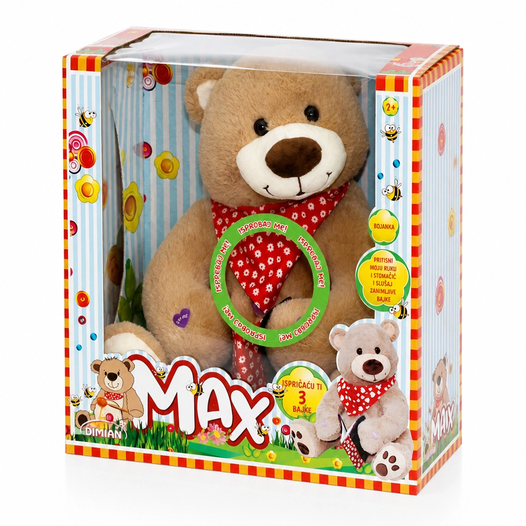 Plush teddy bear named Max in a colorful boxed packaging with a red bandana and interactive features.