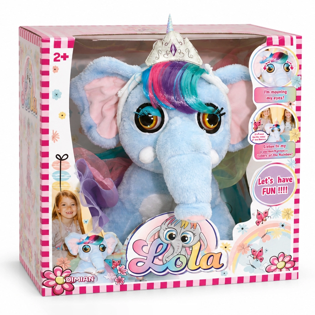 Blue plush elephant toy with colorful hair and a crown in a box labeled Lola for ages 2 and up.