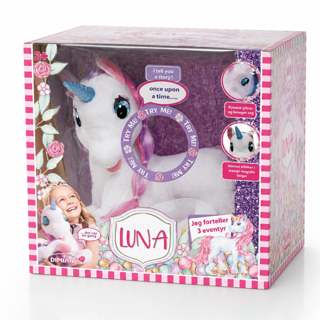 White unicorn toy with blue horn and pink mane in a box labeled Luna, with story and light features.