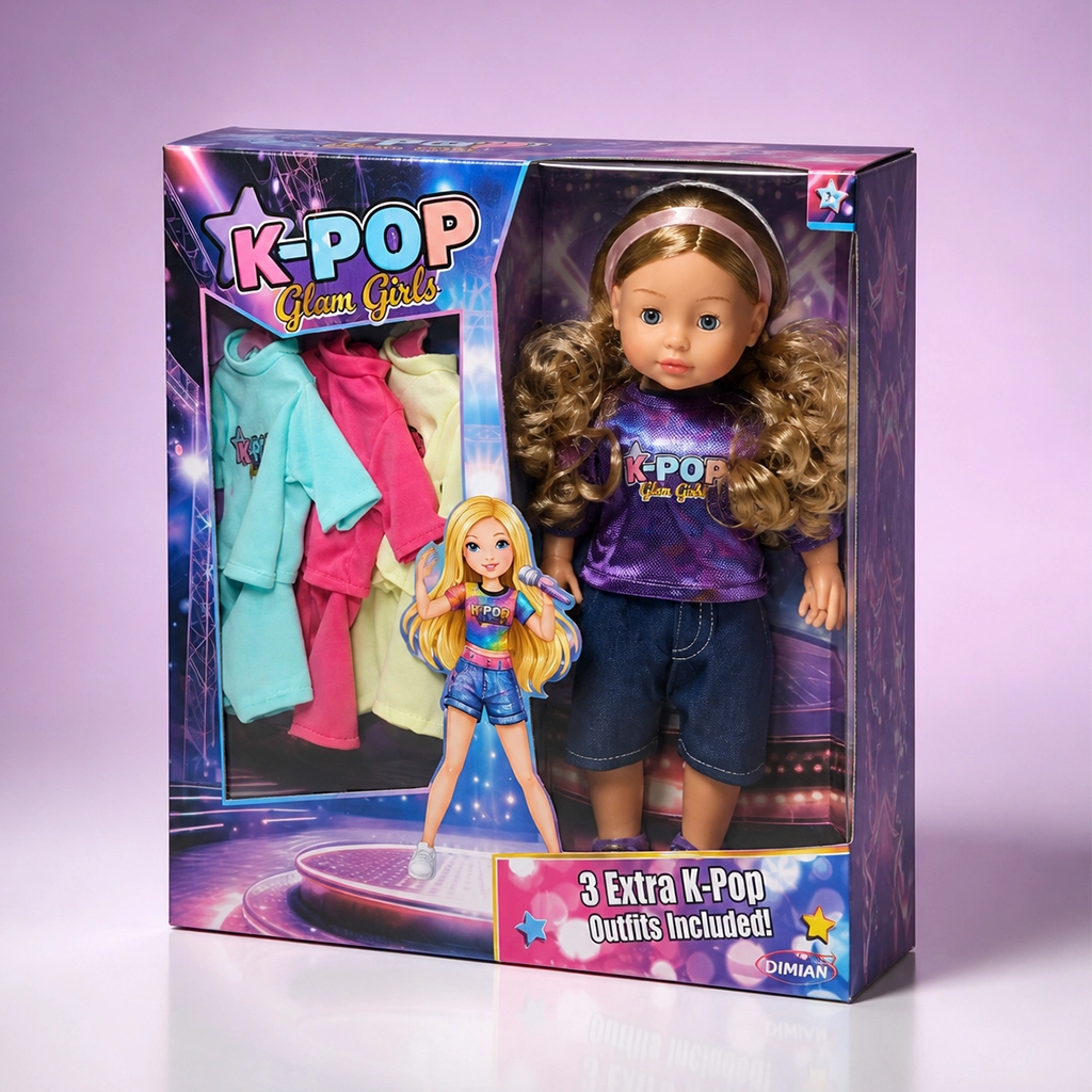 K-Pop Glam Girl doll in purple outfit with three extra colorful K-Pop outfits in box packaging.
