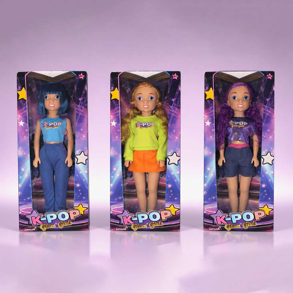 Three K-POP Glam Girls dolls in their boxes with colorful backgrounds, featuring dolls with blue, blonde, and purple hair, each wearing casual vibrant outfits.