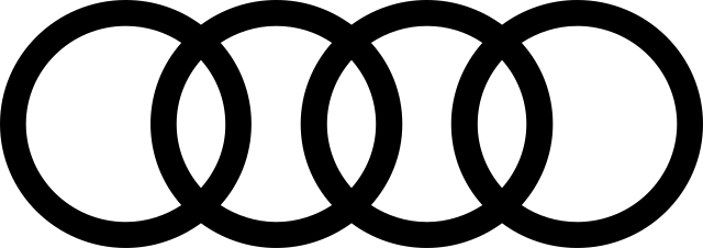 Audi logo with four interlinked silver rings on a black background.
