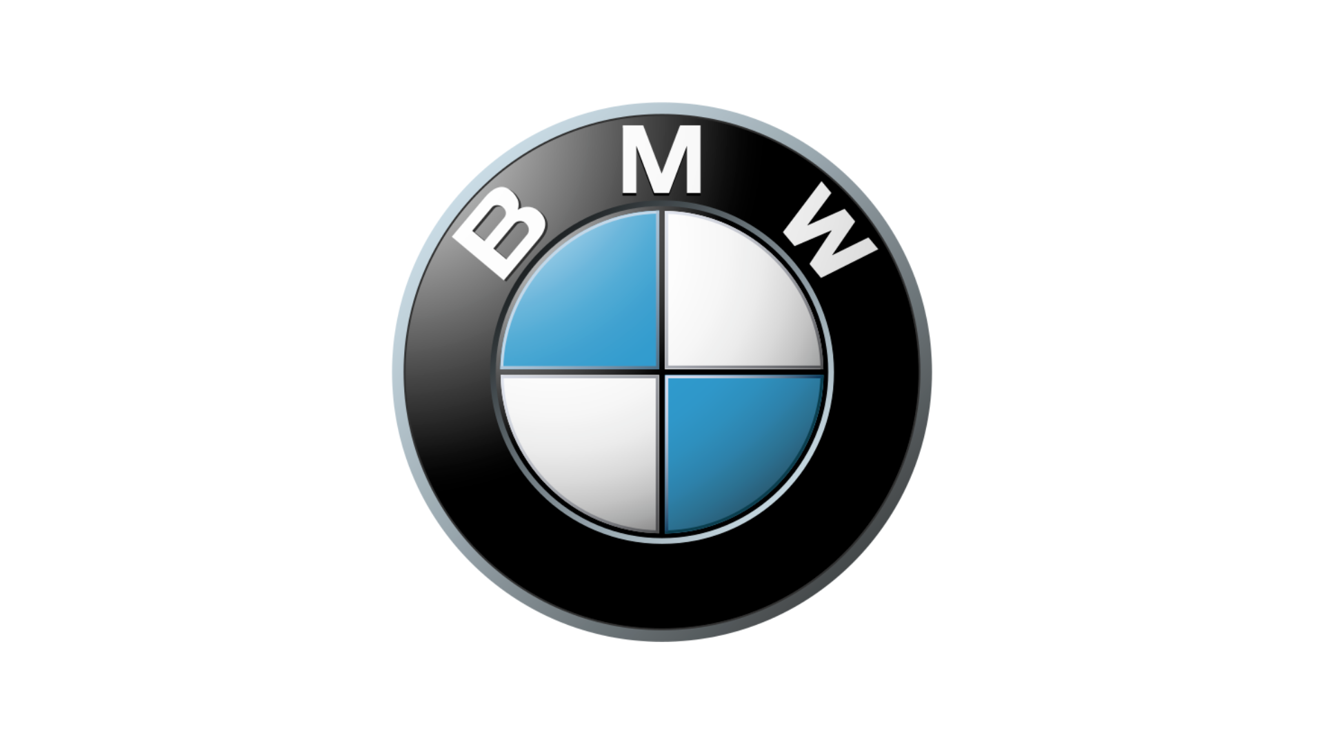 BMW logo with black outer ring, white letters, and blue and white quadrants inside.