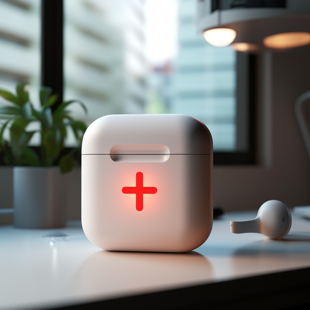 White AirPods case with glowing red medical cross symbol beside a single AirPod on desk near plant and window.