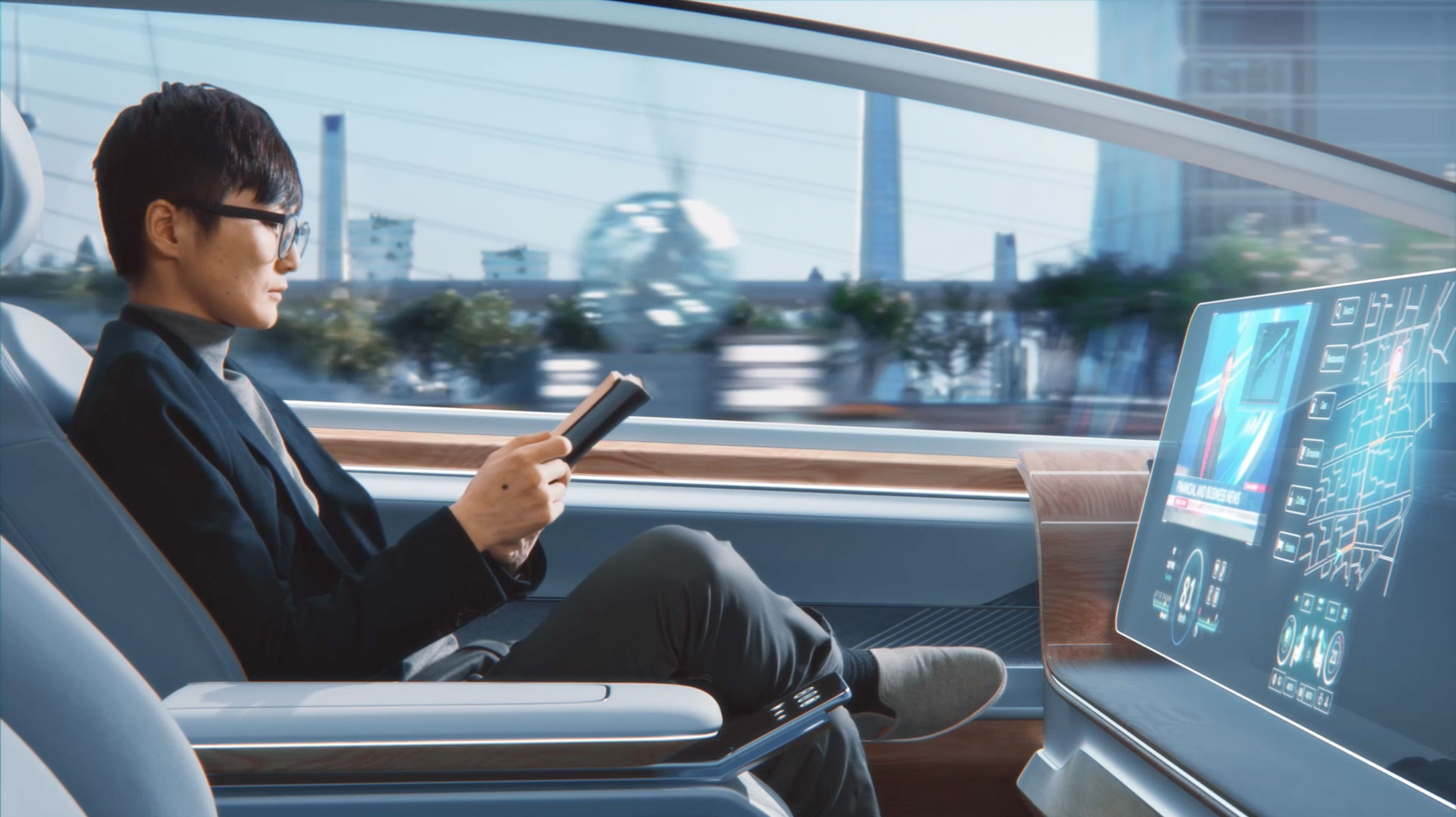 Person reading a book inside a modern car with a large digital dashboard and cityscape outside.