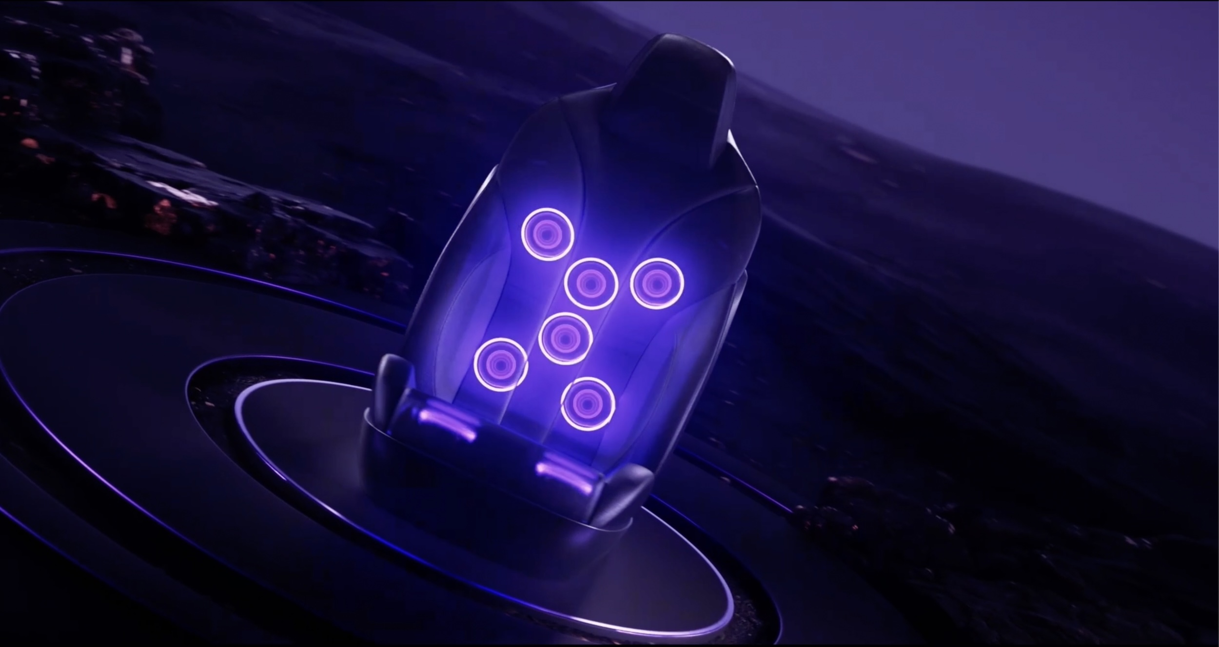 Black car seat with six glowing purple circles indicating massage or heating zones.
