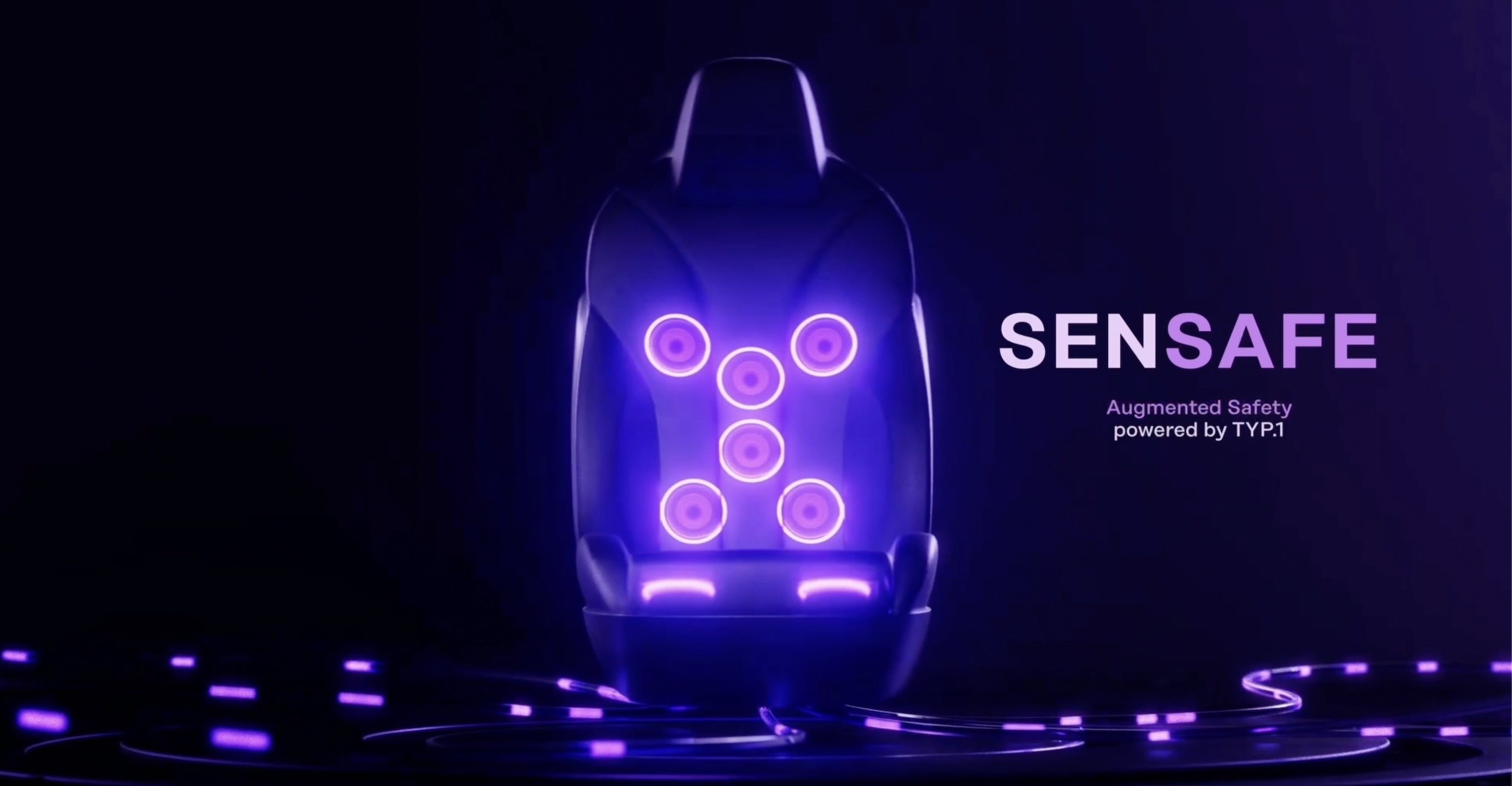 Car seat with six glowing purple sensor nodes and text SENSafe Augmented Safety powered by TYP.1
