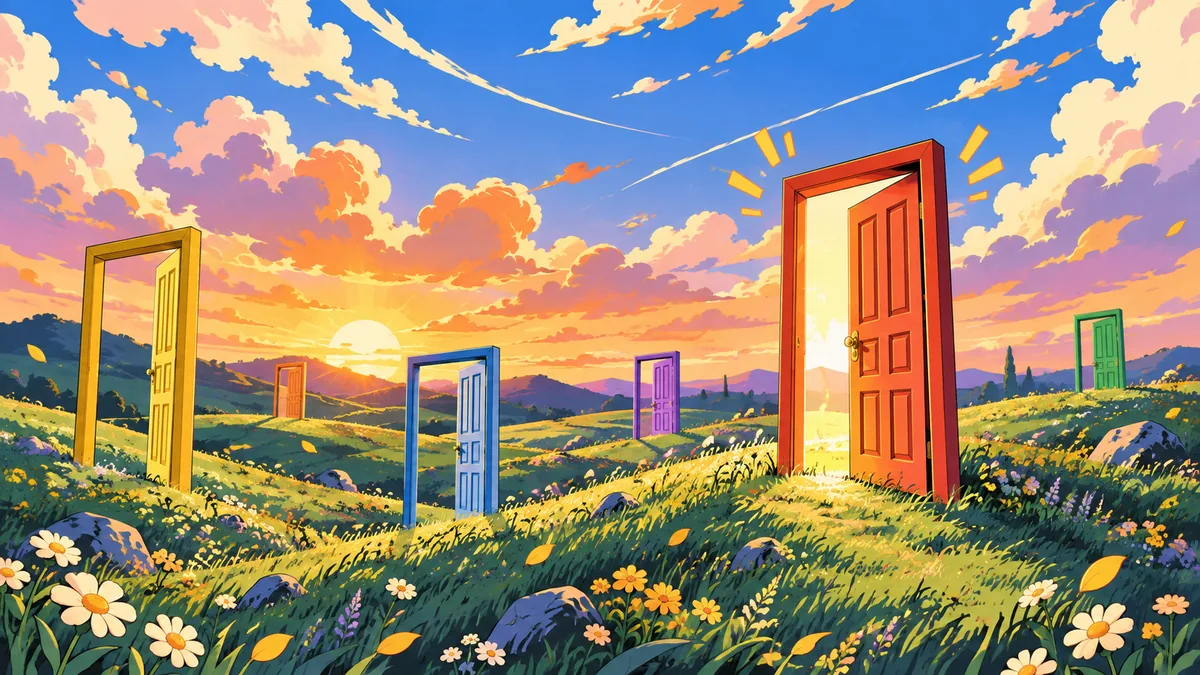 Illustration of coloured doors standing in a meadow at sunrise, one open