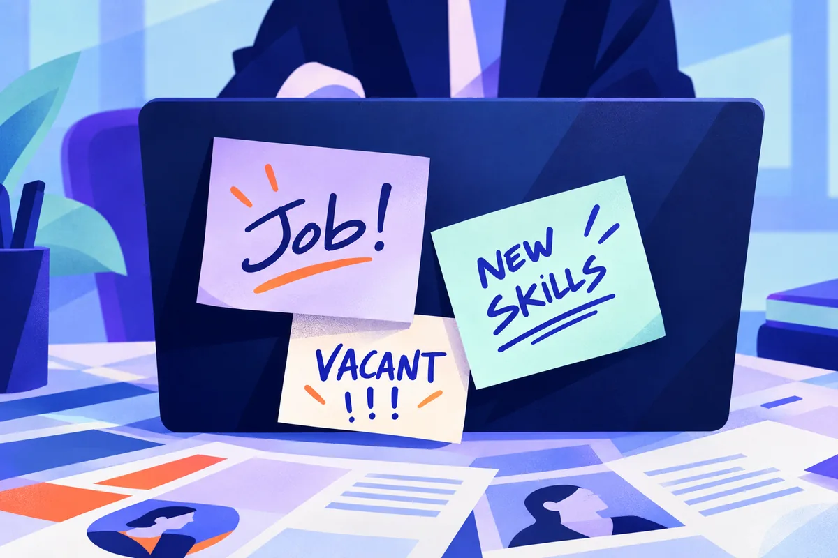Illustration of a laptop covered in sticky notes reading Job, New skills and Vacant