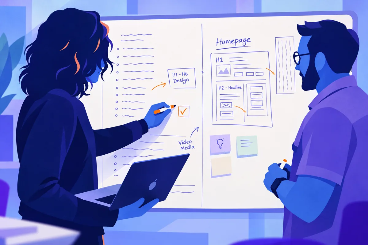 Illustration of two people planning a page layout on a whiteboard