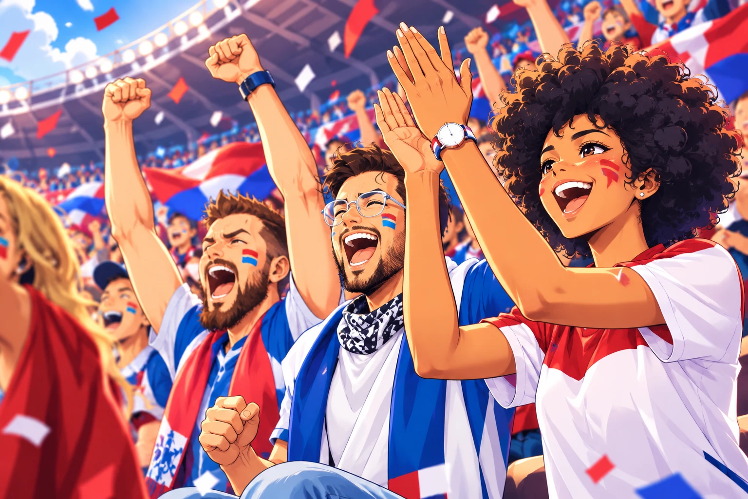 Illustration of sports fans cheering and clapping in a stadium with flags and confetti