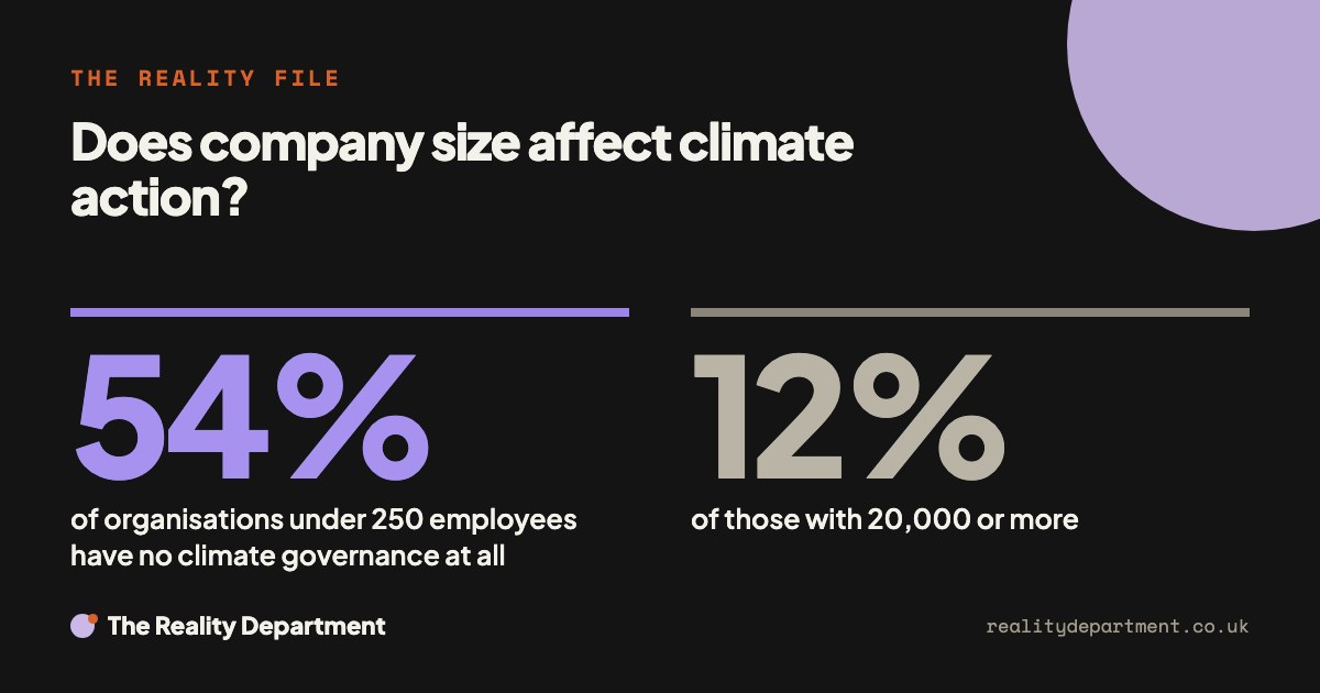 Does company size affect climate action? 54% of organisations under 250 employees have no climate governance at all. 12% of those with 20,000 or more.