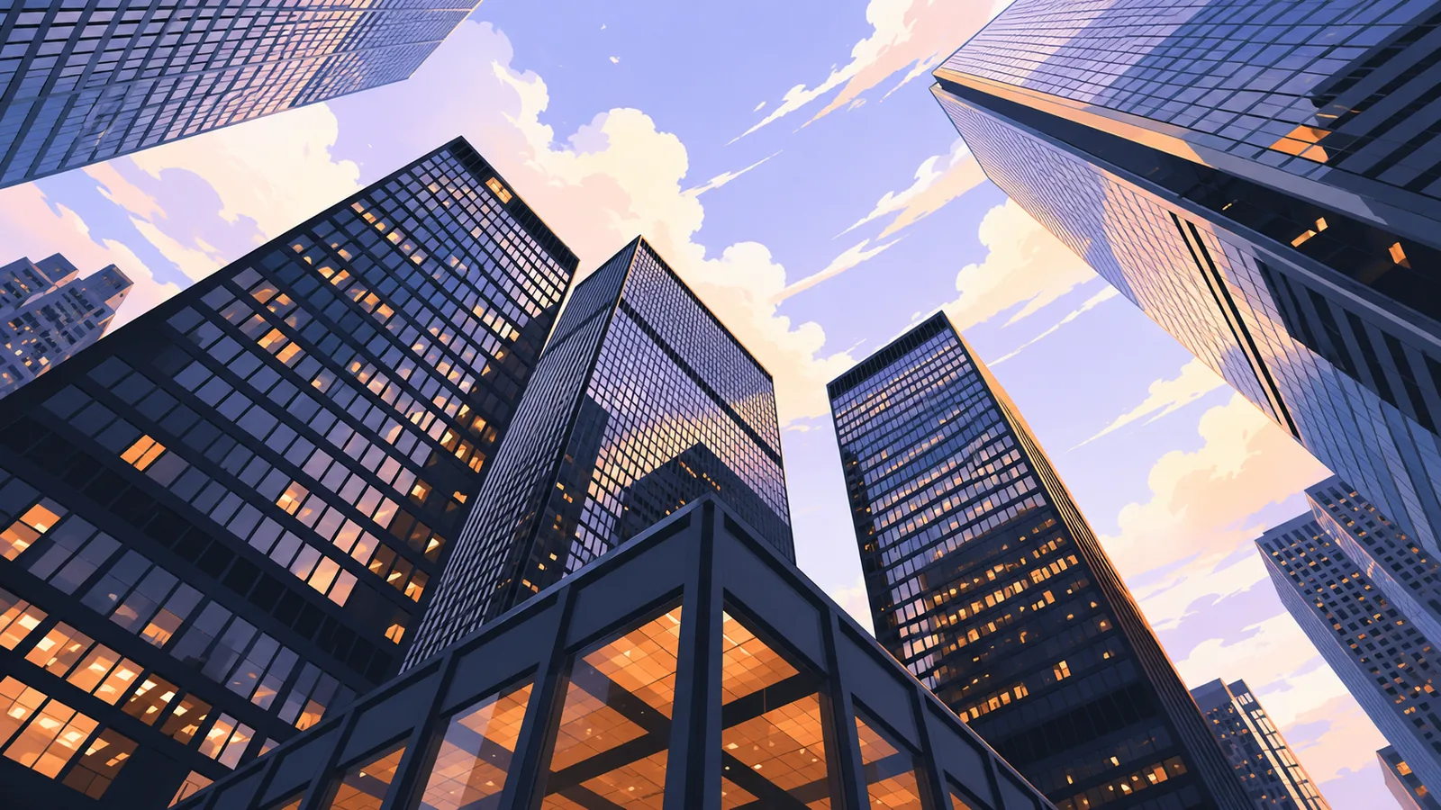 Illustration looking up at glass office towers against a bright sky