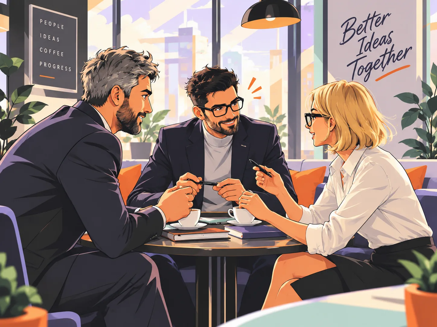Illustration of three business leaders talking round a cafe table