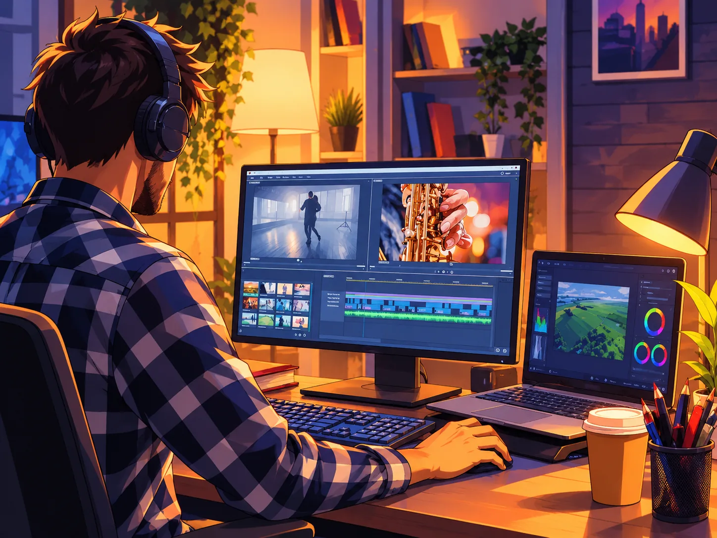 Illustration of a video editor wearing headphones working across two monitors