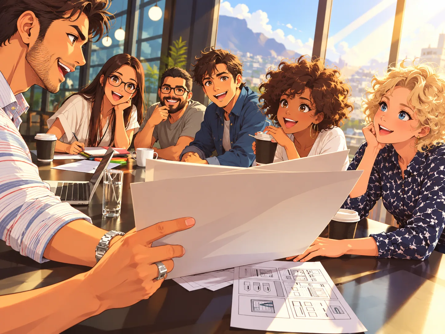 Illustration of a team gathered round a table looking at a large sheet of paper