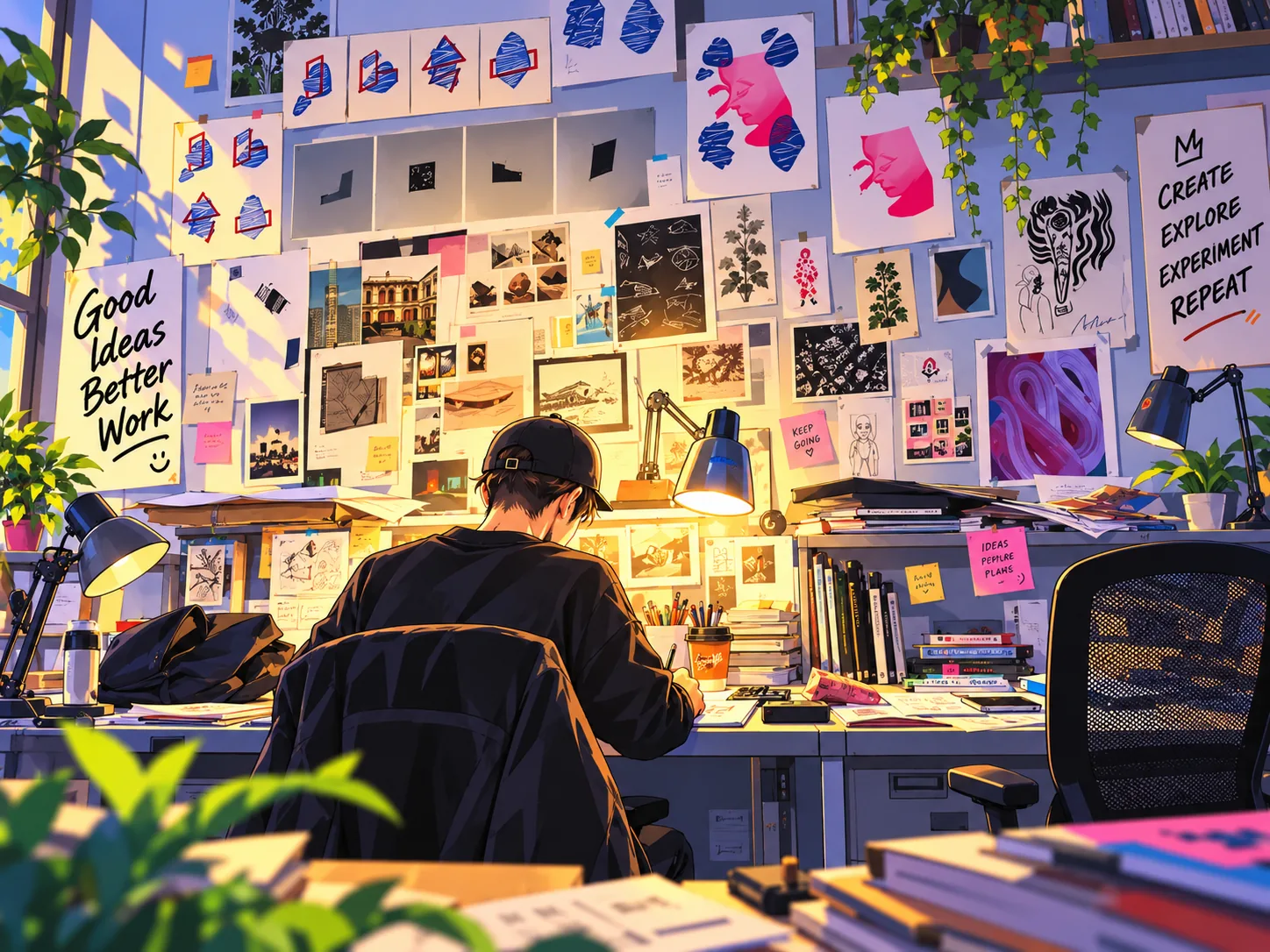 Illustration of a designer at a desk facing a wall covered in pinned ideas and sketches