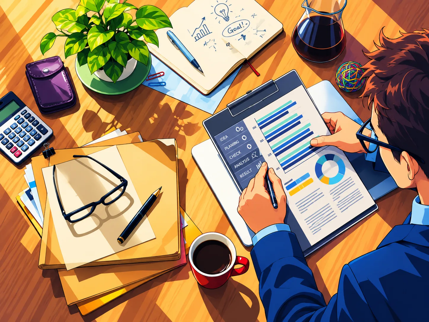 Illustration of a person reviewing charts on a tablet at a desk covered with notebooks and coffee