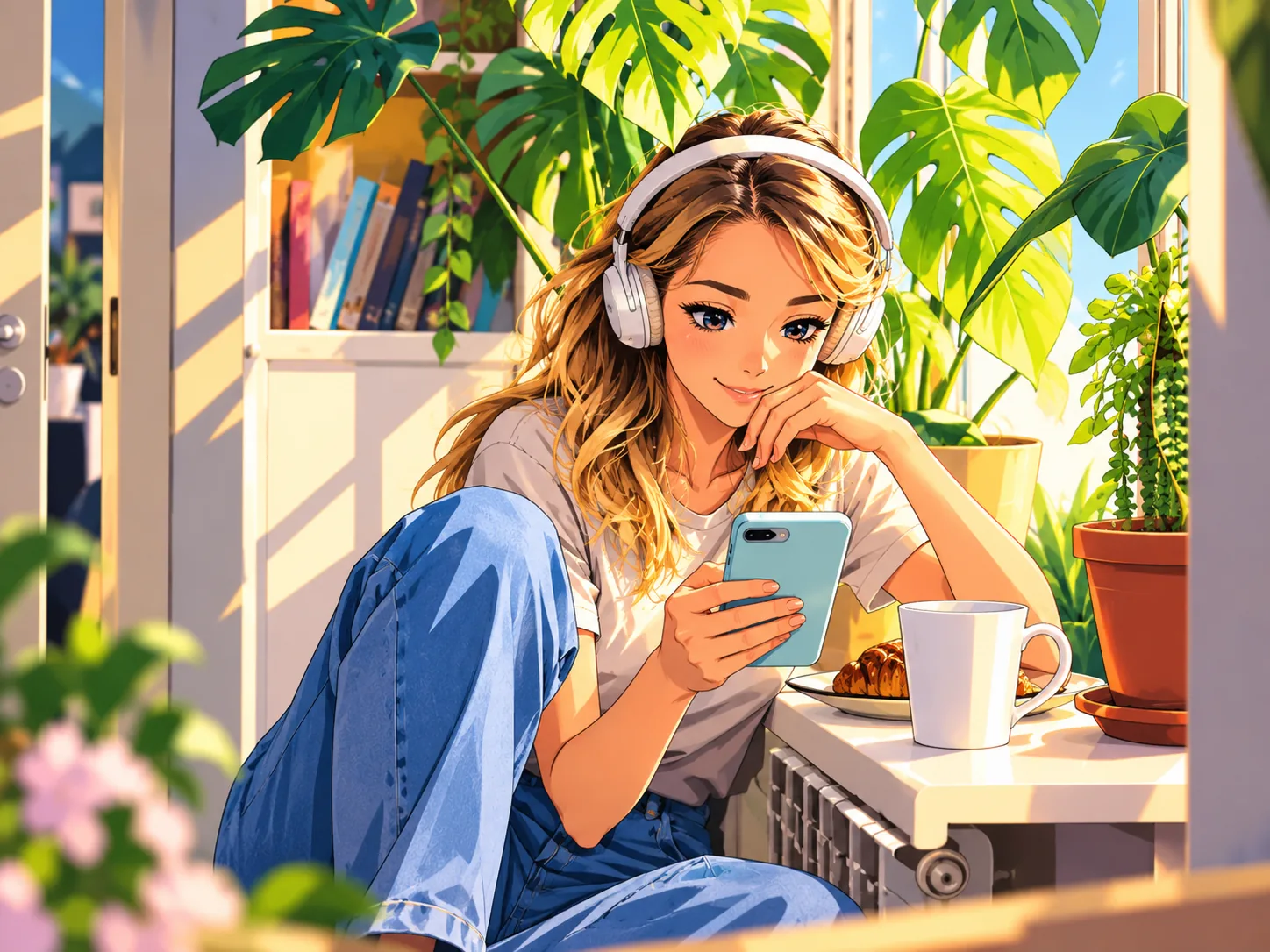 Illustration of a woman in headphones looking at her phone by a sunny window