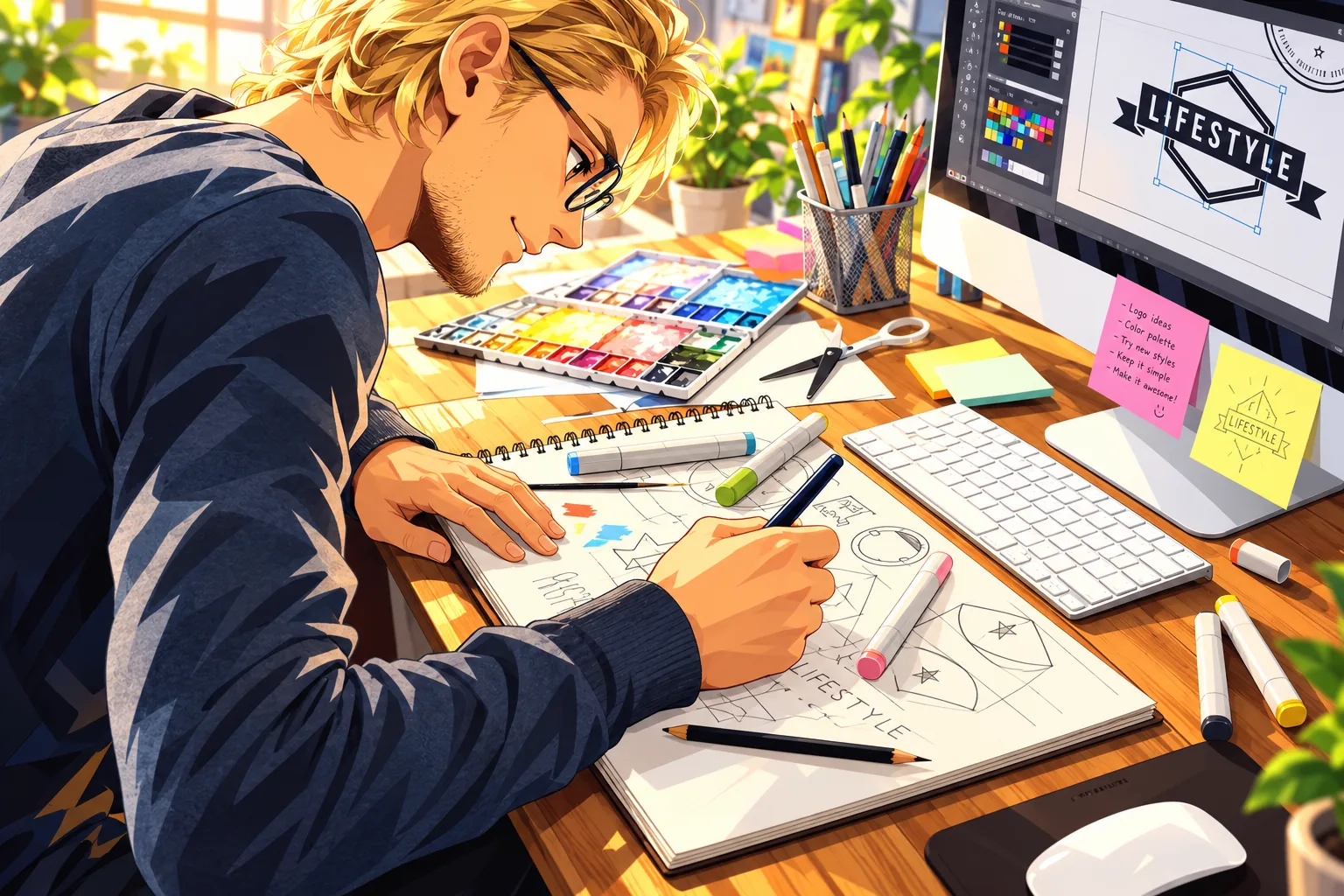 Illustration of a designer sketching layouts at a desk beside colour swatches and a monitor