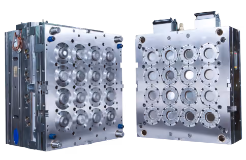 Two polished metal injection mold plates with multiple cavities for shaping plastic parts, showing detailed circular and recessed patterns.