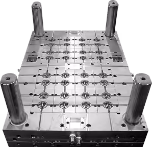 Top view of a shiny metal injection mold with multiple cavities and four large cylindrical supporting pillars at each corner.