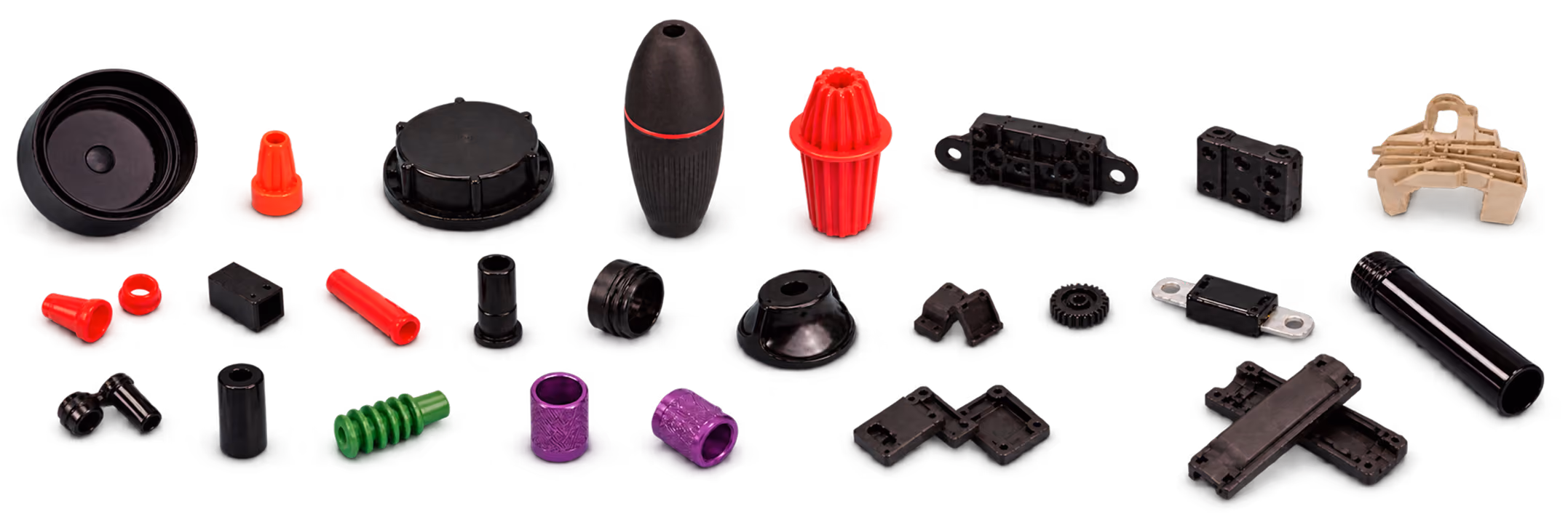 Array of various small industrial plastic and rubber components including caps, connectors, gears, and housing parts in red, purple, black, beige, and green colors displayed against a black background.