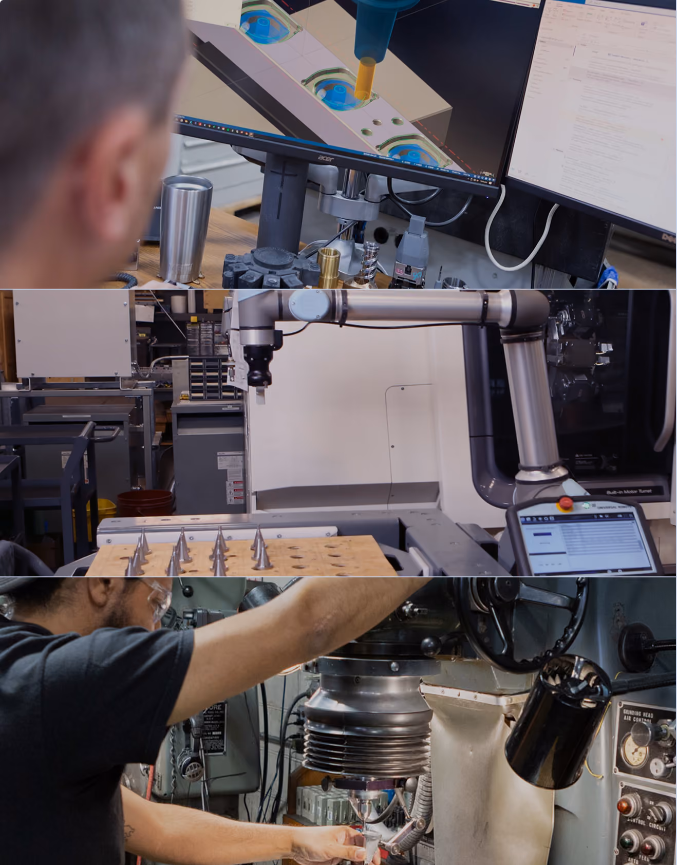 Collage of three images showing industrial and manufacturing technology: top shows a computer screen with 3D modeling software and a person viewing it; middle shows a robotic arm operating above a machine with metal parts; bottom shows a person working on a CNC machine with control panel and equipment.