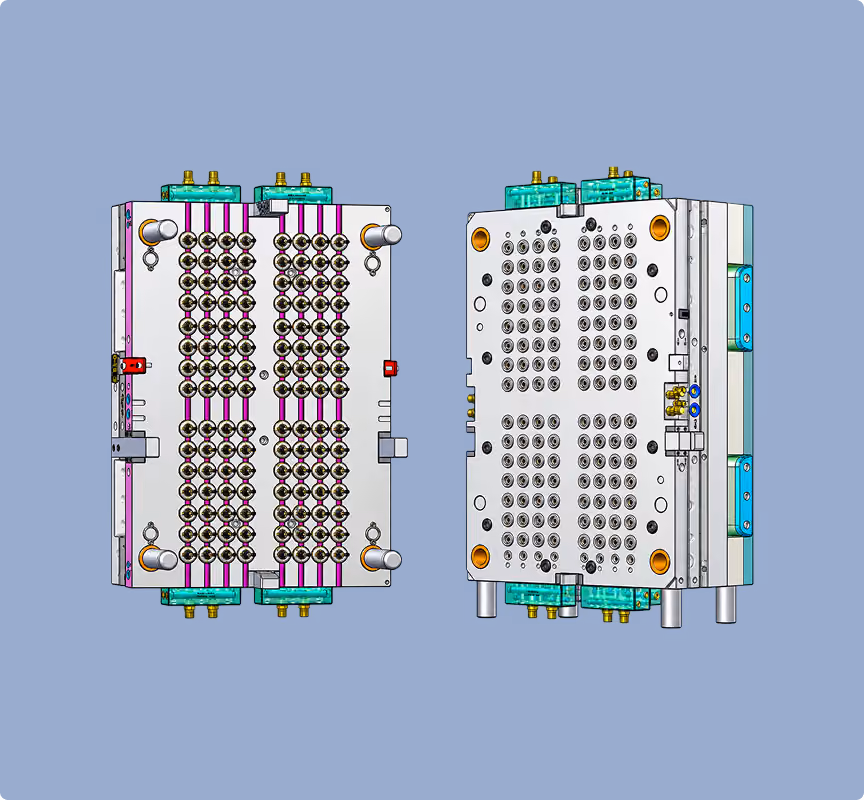 Two views of a metallic mold tool against a blue background, showing multiple evenly spaced circular cavities used in manufacturing or injection molding.
