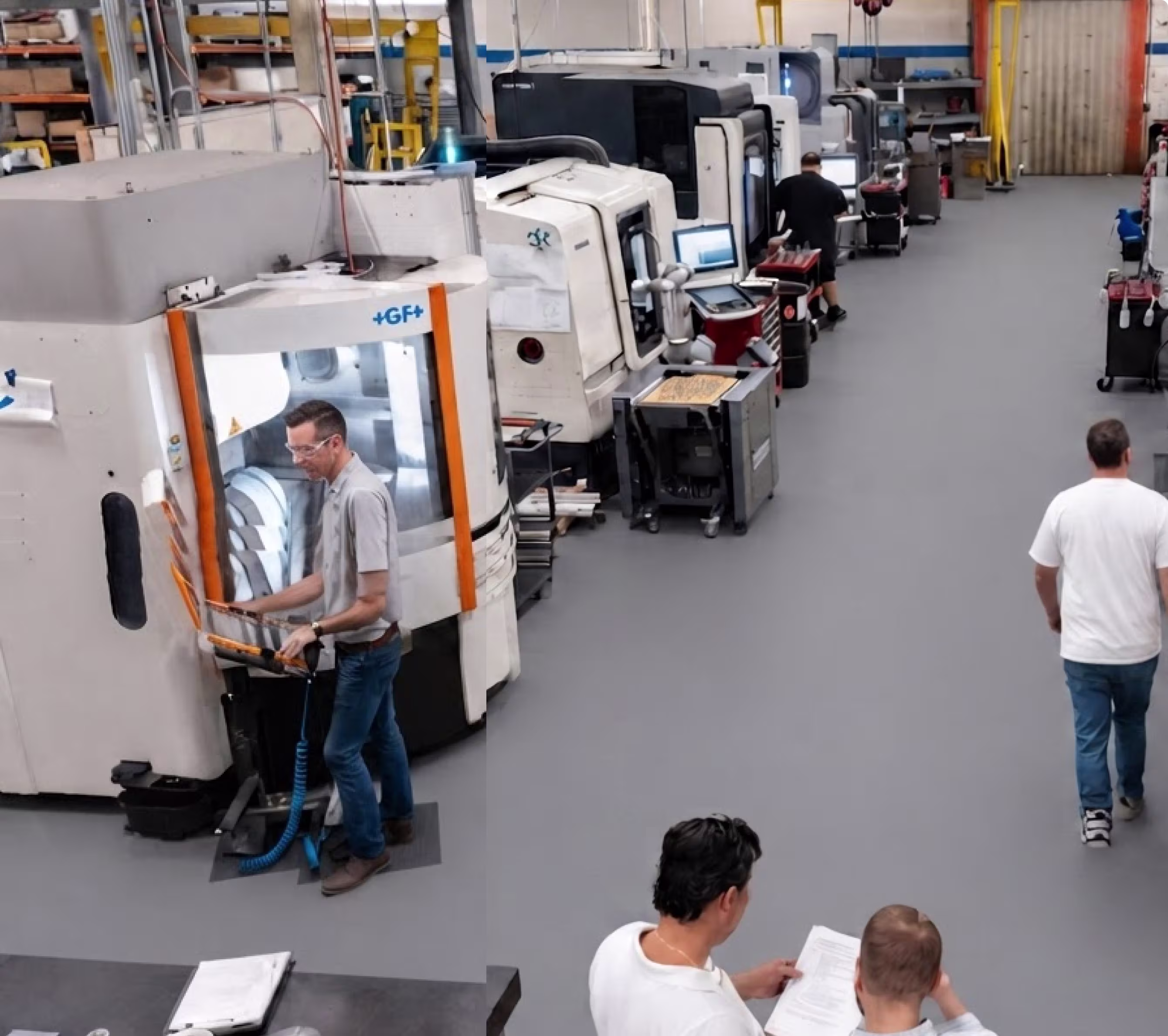 Industrial workshop with several CNC machines lined up along the left wall and three people working or walking in the spacious gray floor area, with one man operating a large machine on the left.
