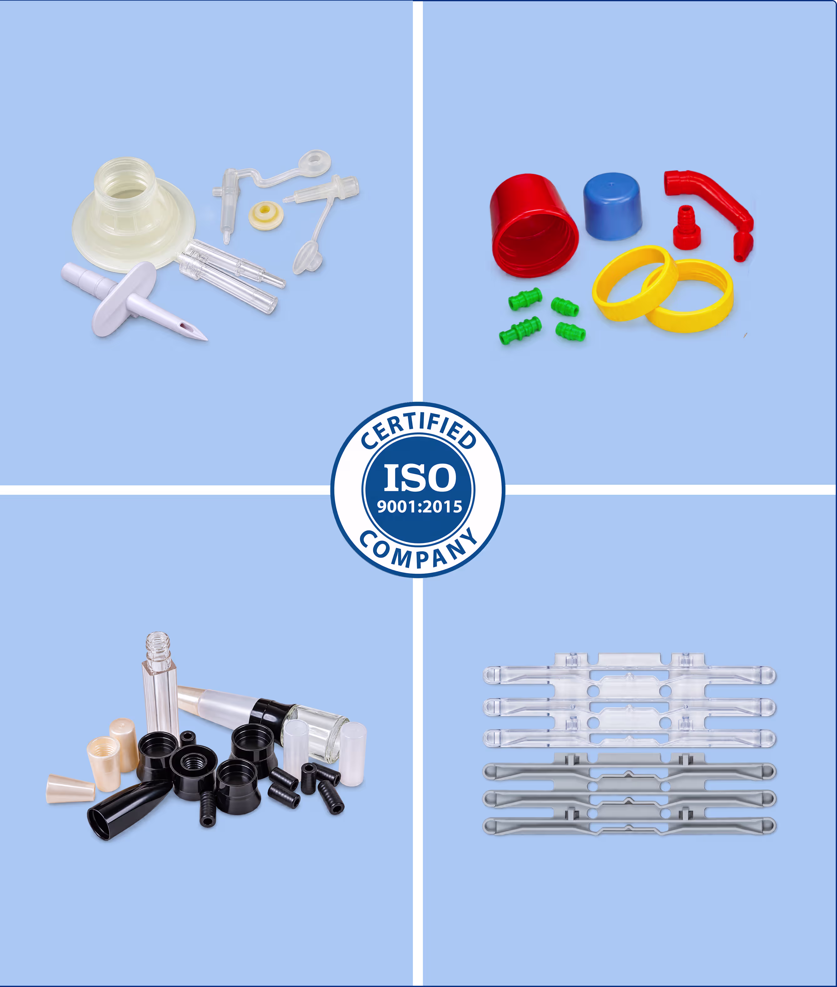 Collage of four sets of small plastic components on a blue background surrounding a central ISO 9001:2015 certified company logo, with white and clear plastic parts, colorful caps and rings, and black and beige pieces arranged separately.