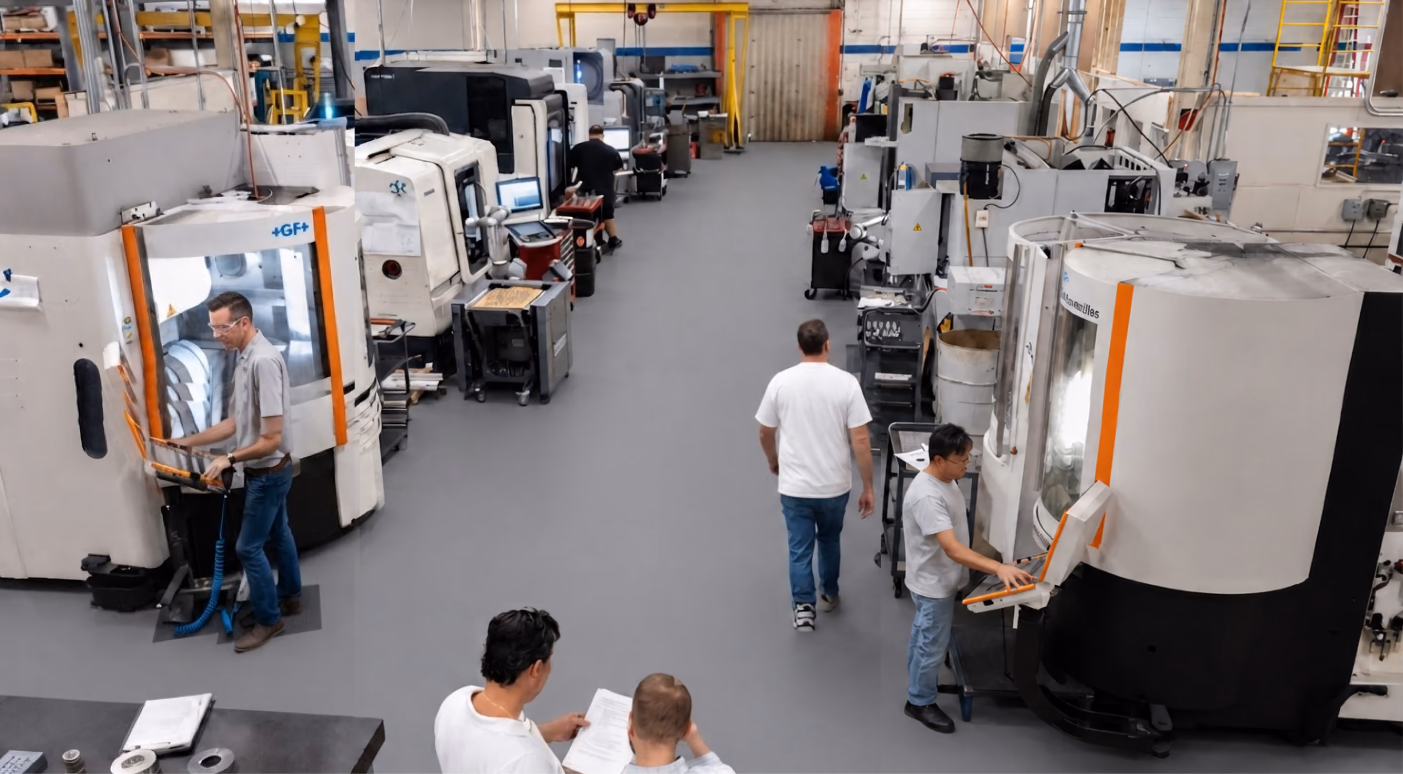 Inside a large industrial workshop with multiple CNC machines arranged on both sides, several workers operate the machines or review documents, wearing casual work attire.