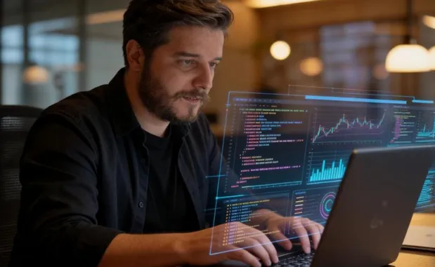 Man at a laptop reviewing dashboards and code on a holographic display