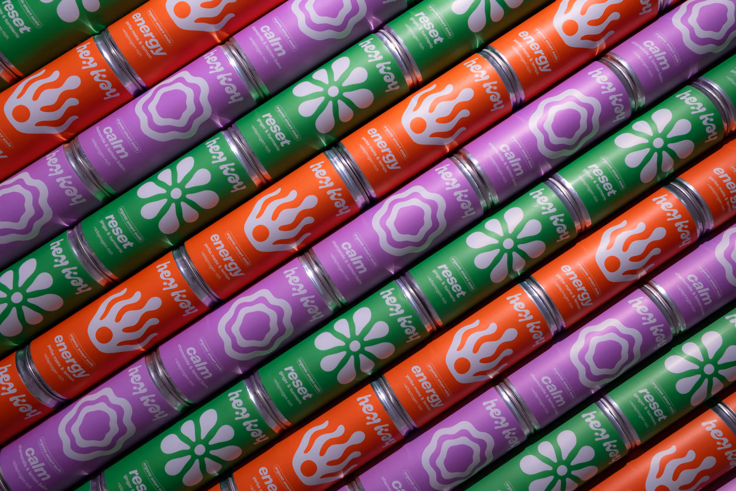 Rows of hey kay calm, energy and reset cans