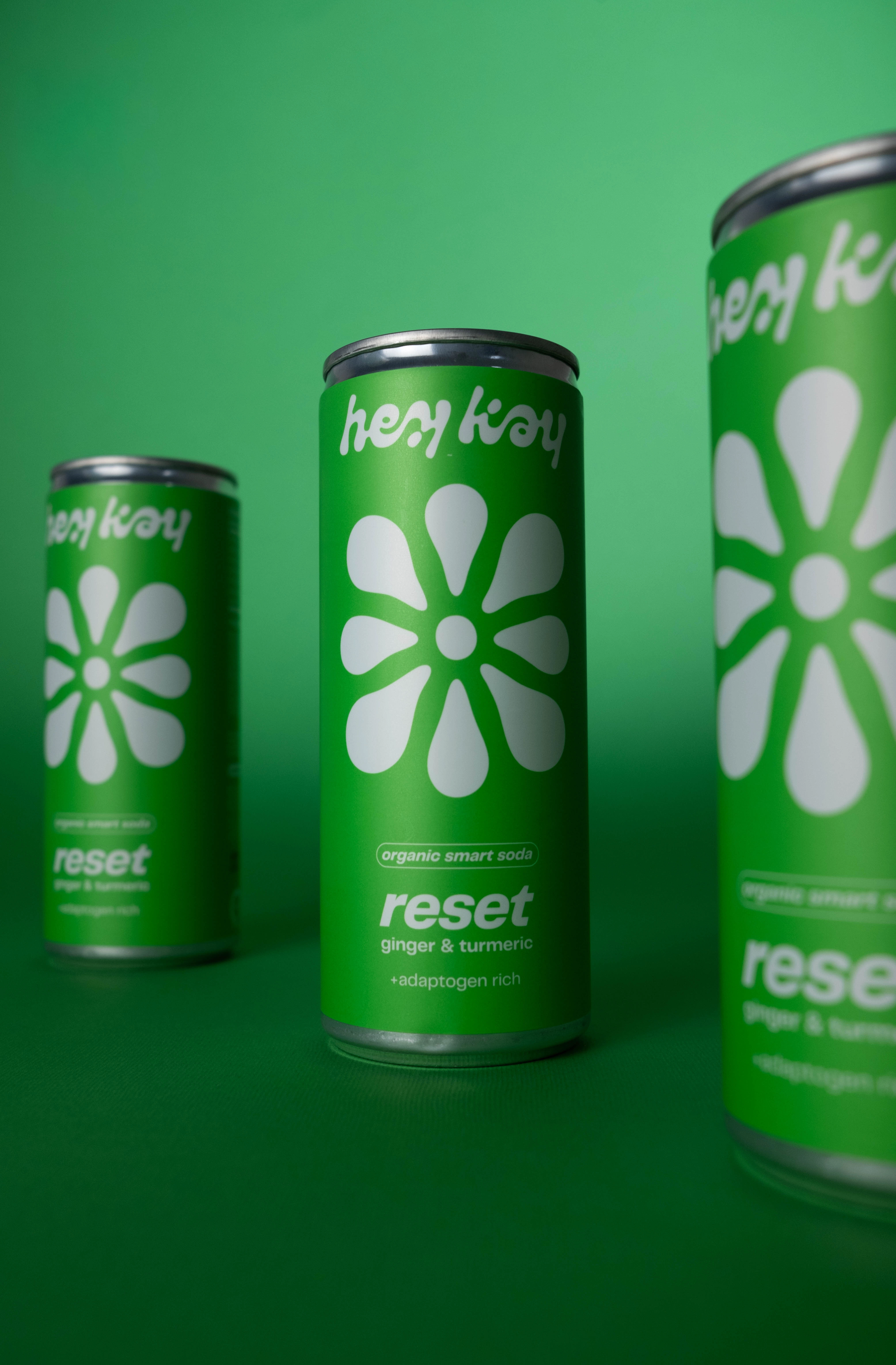 hey kay reset cans on a green background