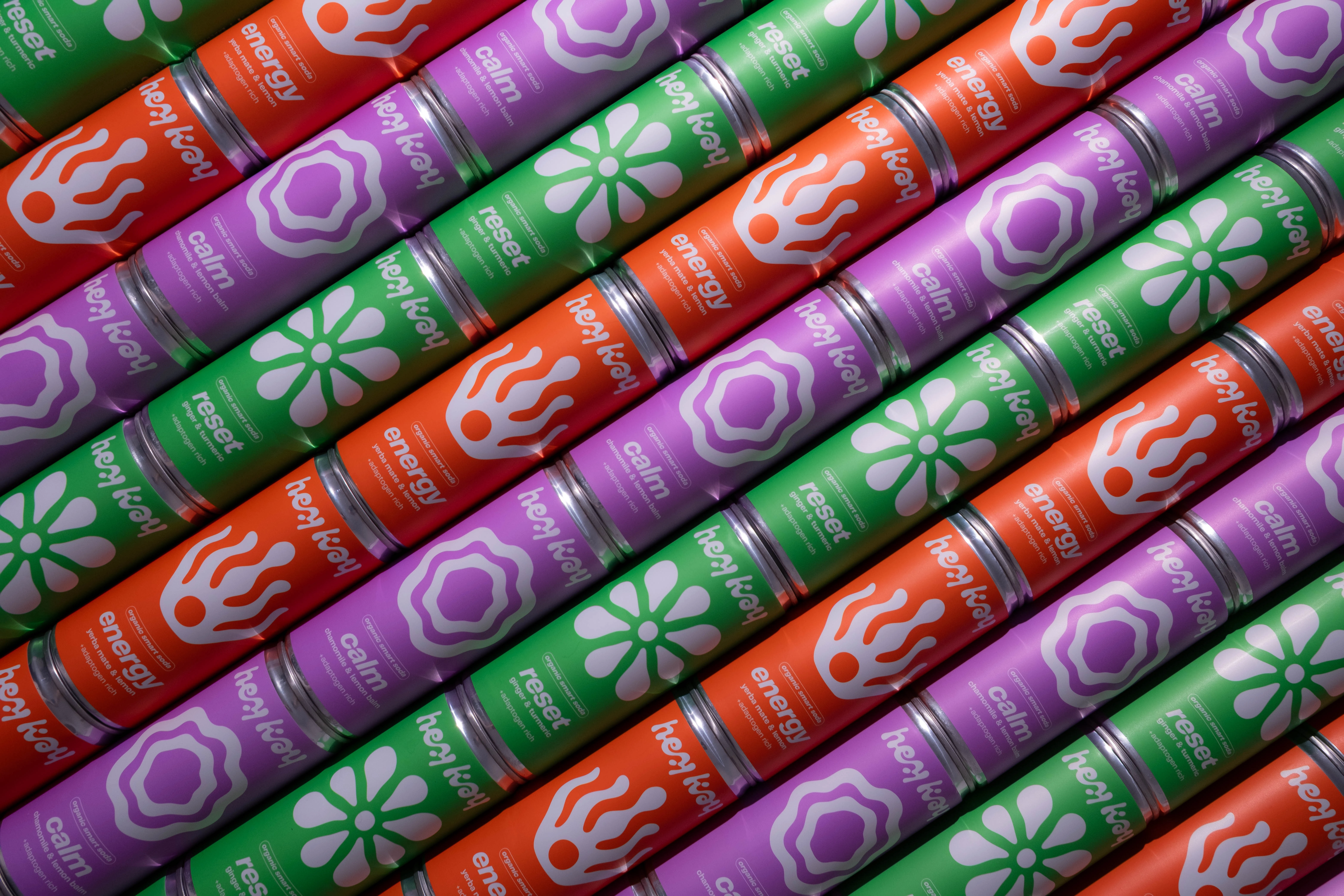 Rows of hey kay calm, energy and reset cans