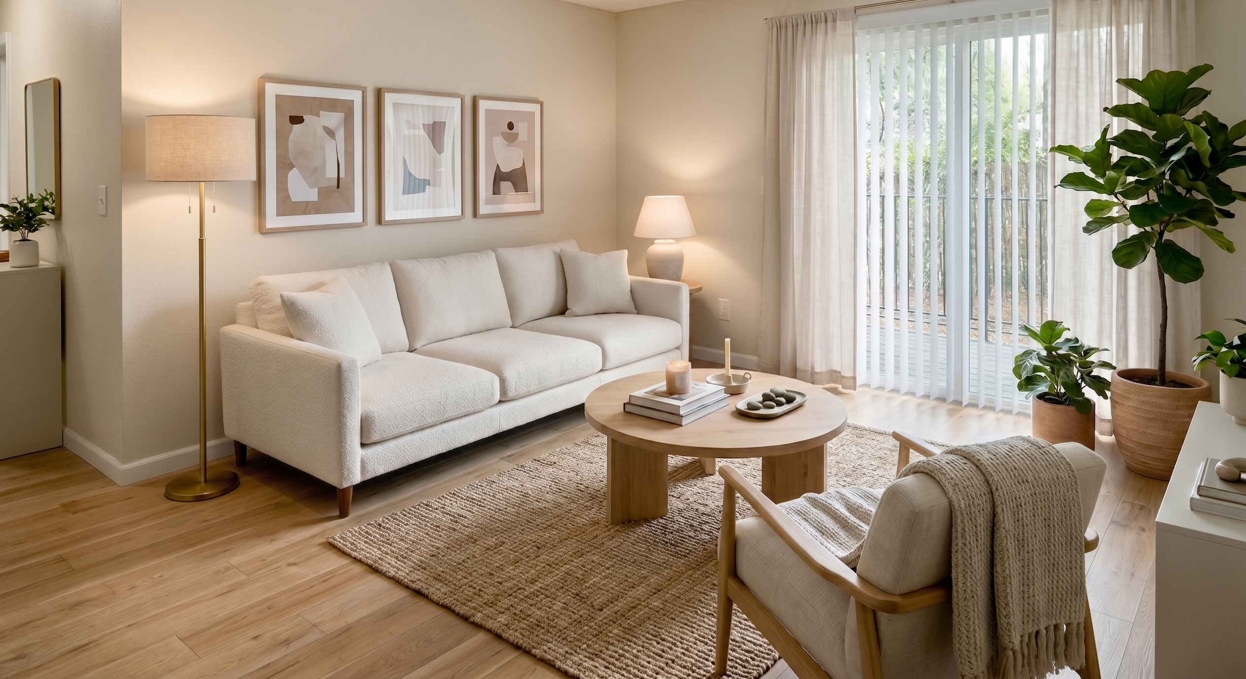 Furnished living room with patio at Cedar Square