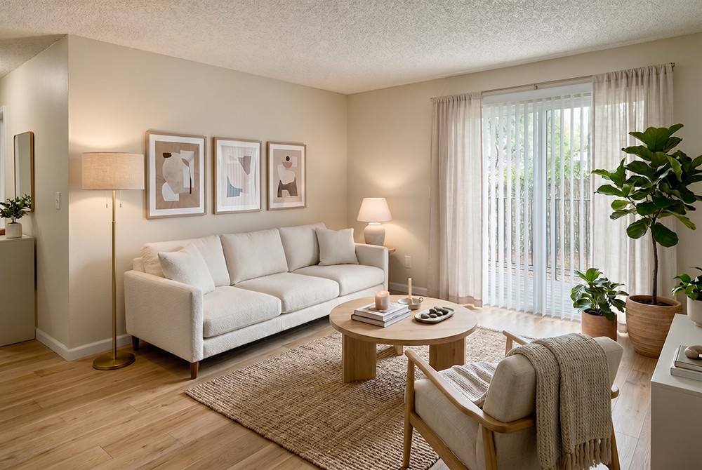 Living room with patio and blinds at Cedar Square