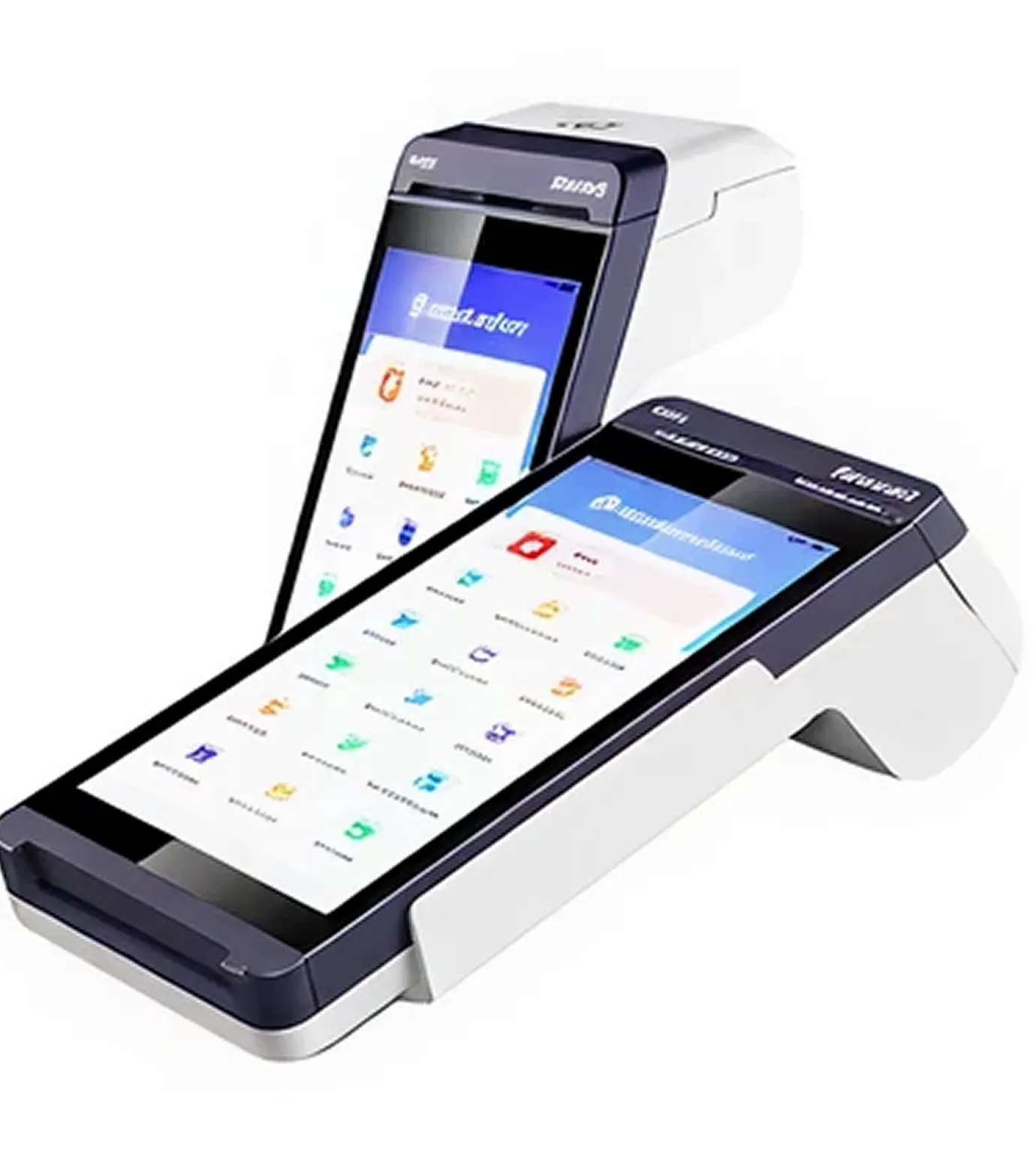 Two modern handheld point-of-sale (POS) devices with touchscreen displays showing various app icons.
