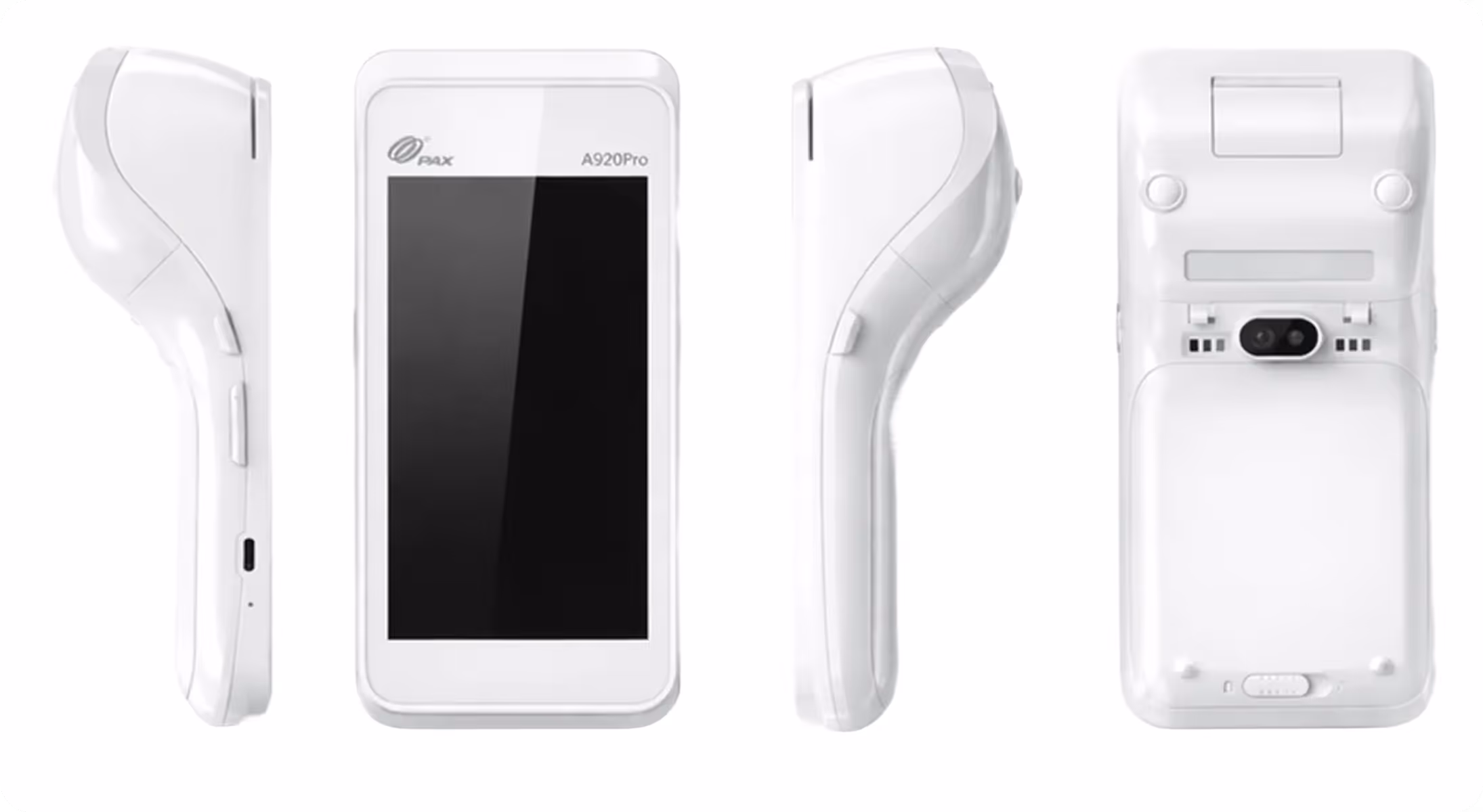 White handheld electronic device with a large touchscreen labeled PAX A920Pro shown from front, back, and both sides.