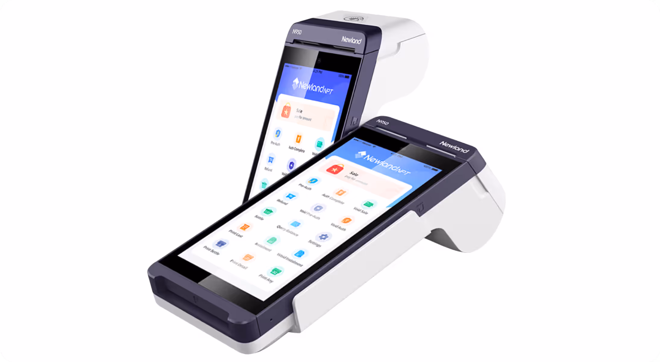 Two Newland N950 handheld point-of-sale devices with color touchscreens displaying app icons.