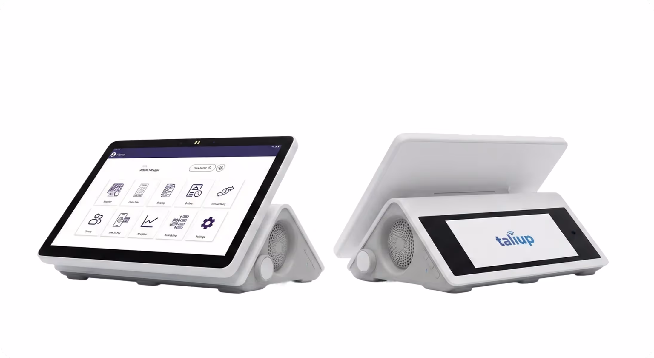 Two white point-of-sale terminals with touchscreen displays, showing app icons and the taliup logo.