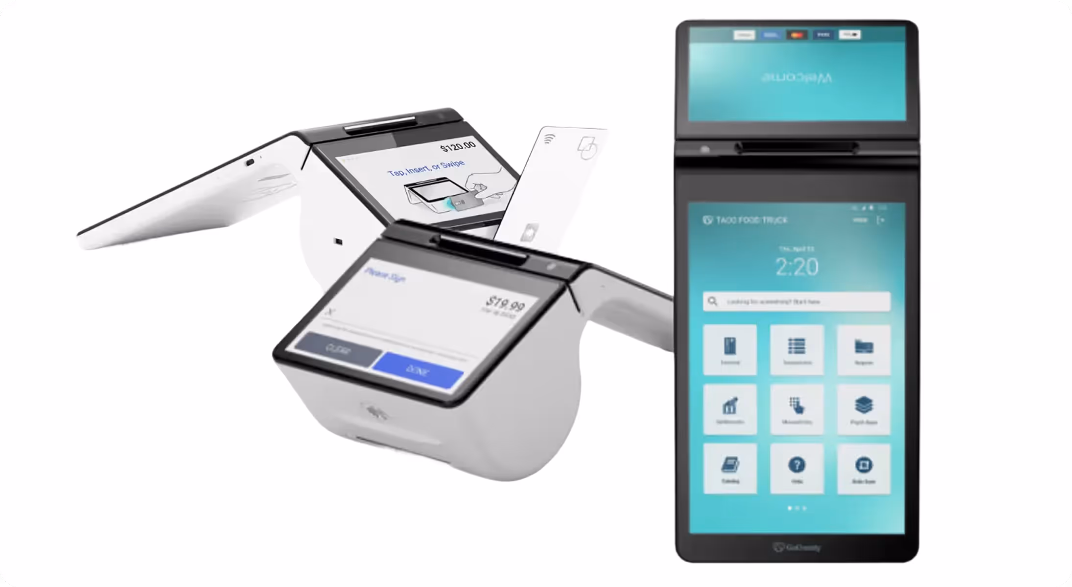 Two white point-of-sale terminals with touchscreens showing payment amounts and a black foldable payment device with multiple app icons on screen.