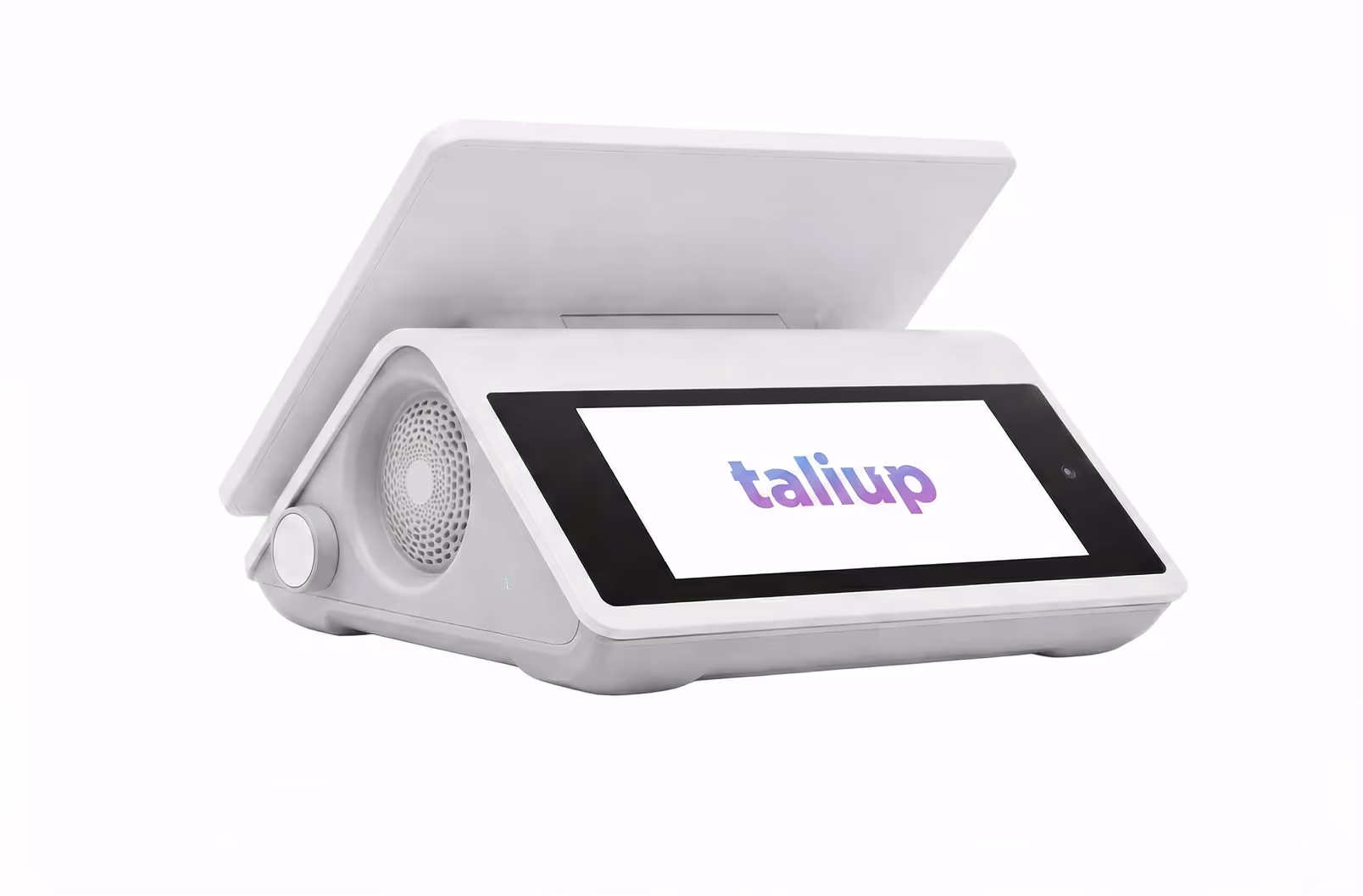 White futuristic device with a tilted touchscreen displaying the word 'taliup' and circular speaker on the side.