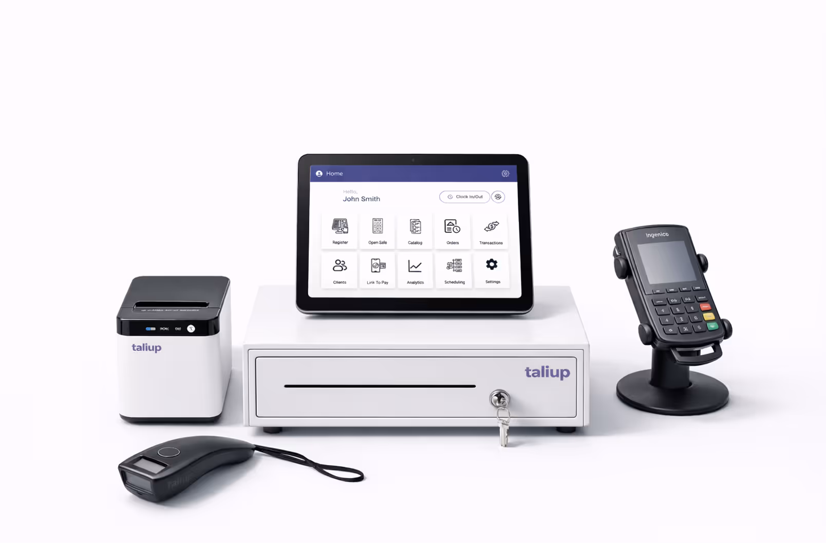 Point of sale system with a tablet displaying a sales dashboard, receipt printer, cash drawer with a key, barcode scanner, and a card payment terminal on stands.