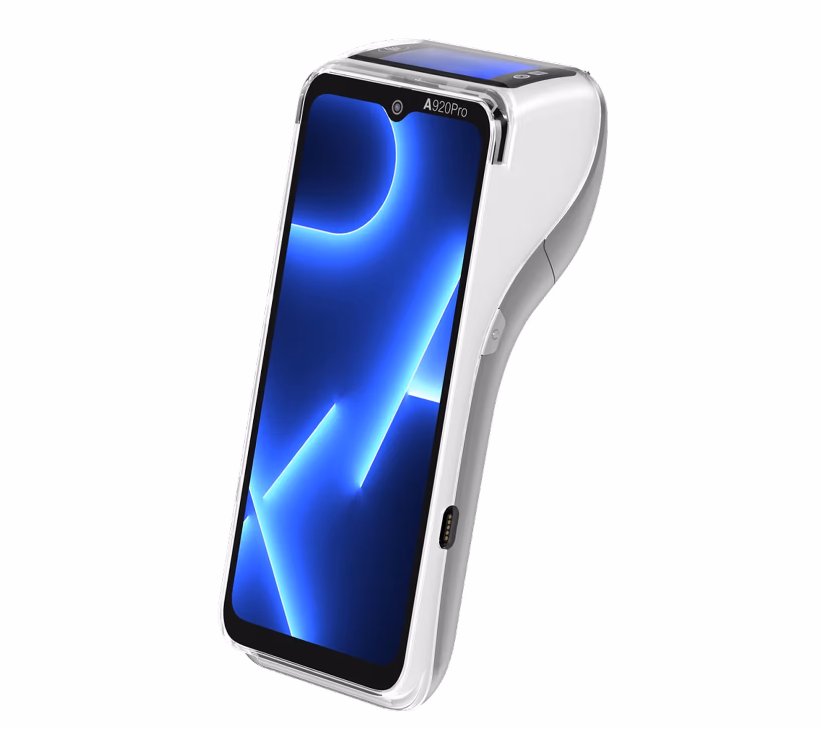 White A920Pro handheld device with a touchscreen displaying a blue abstract design.