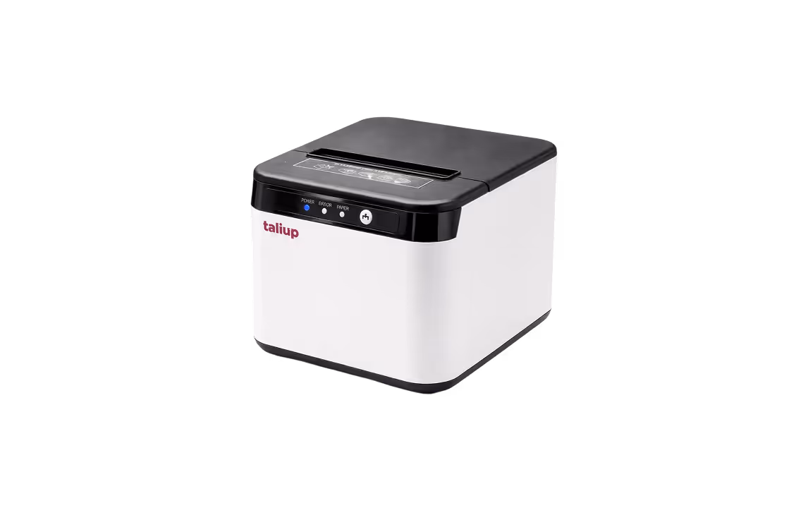 Compact white and black thermal receipt printer with indicator lights and 'taliup' brand name.