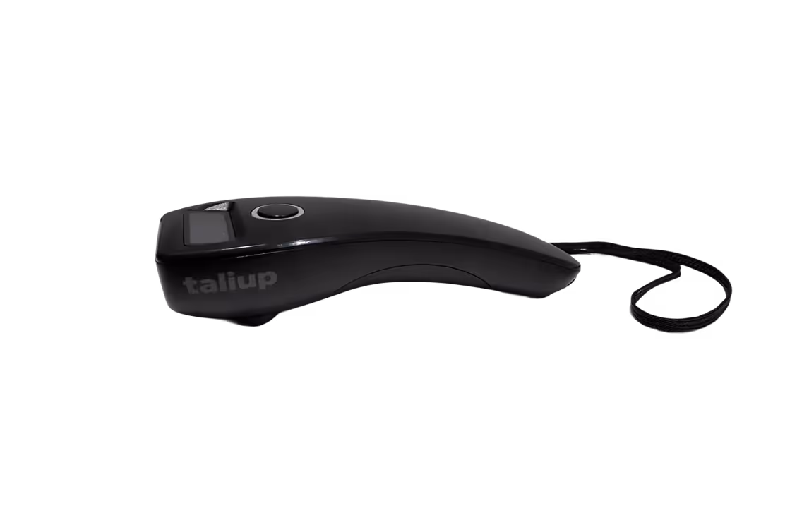 Black handheld barcode scanner with a wrist strap and a circular button.